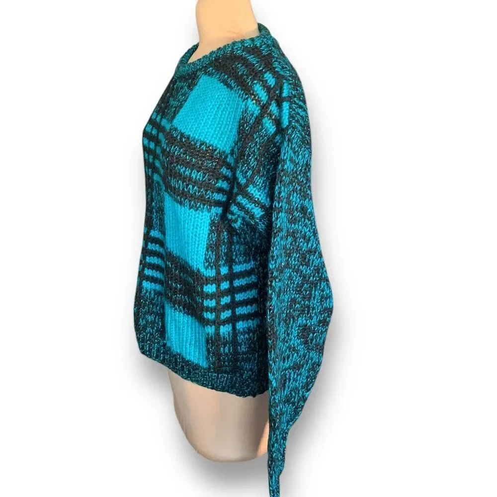 Vintage Street Scene Teal Black Checkered Plaid Loose Knit Pullover Sweater